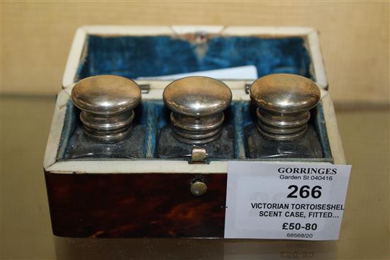 Victorian tortoiseshell scent case, fitted three silver top bottles